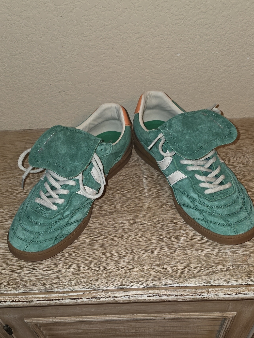 Coolway Green Suede Athletic Sneakers with White Laces and Tan Sole